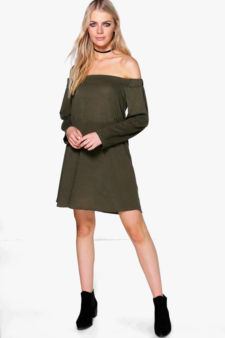 Boohoo Asha Oversized Off Shoulder Knit Dress Khaki
