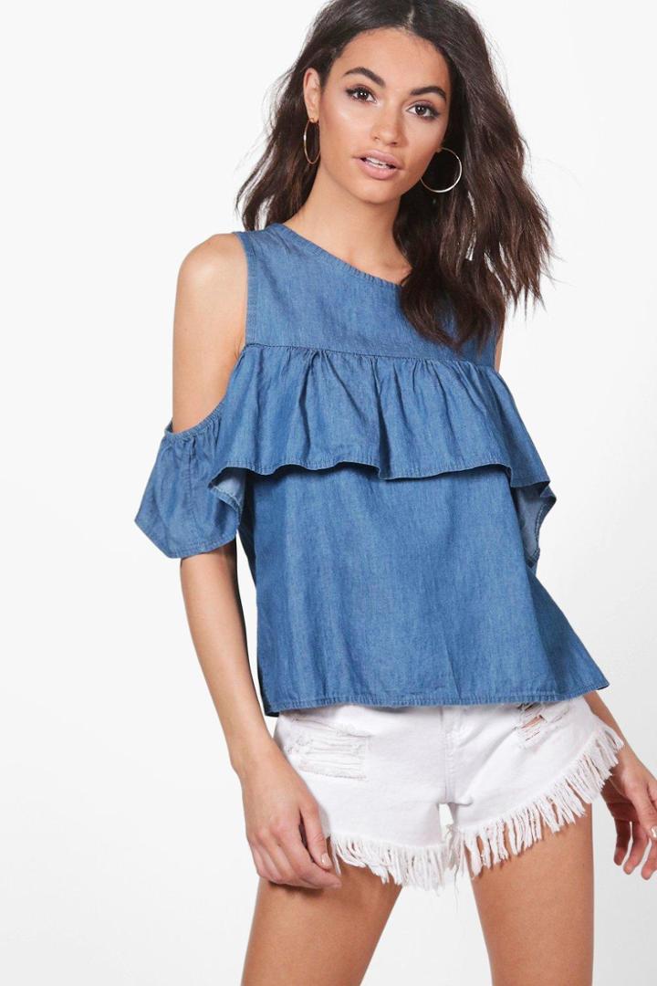 Boohoo Lila Ruffle Cold Shoulder Denim Top Indigo