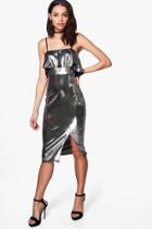 Boohoo Lauren Ruffle Metallic Strappy Midi Dress Silver