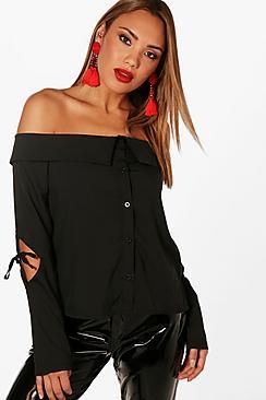 Boohoo Bardot Cut Out Sleeve Shirt