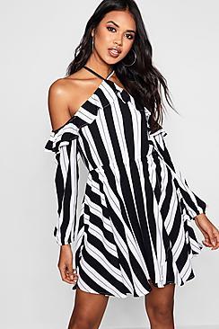 Boohoo Wrap Front Ruffle Shoulder Skater Dress