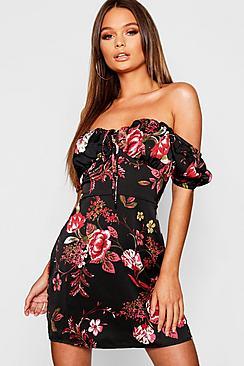 Boohoo Puff Sleeve Off The Shoulder Skater Dress