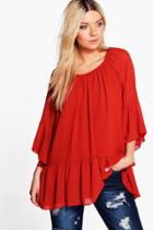 Boohoo Clare Frill Sleeve Dropped Hem Tunic Top Rust