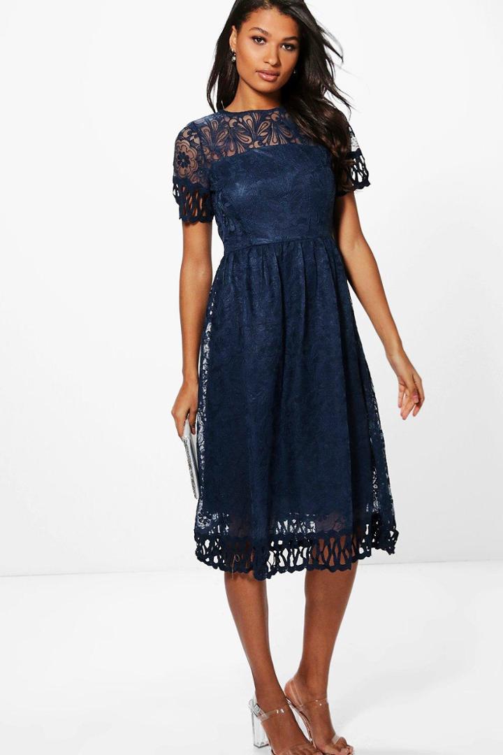 Boohoo Boutique Emi Embroidered Trim Midi Skater Dress Navy