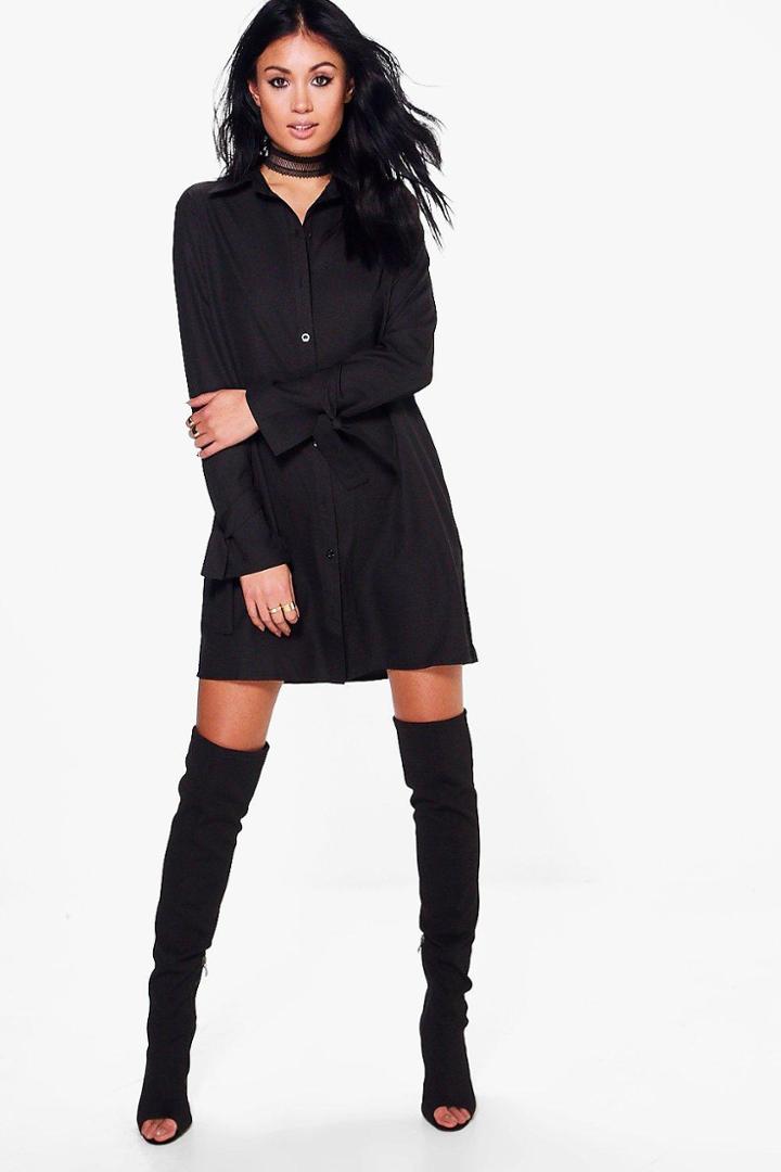 Boohoo Adelheid Tie Sleeve Shirt Dress Black