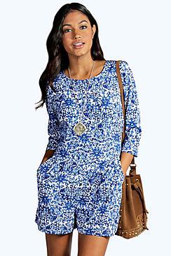 Boohoo Andie Blue Baroque Print 3/4 Sleeve Playsuit