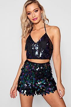 Boohoo Yanni Sequin Tassel Halter Crop Top