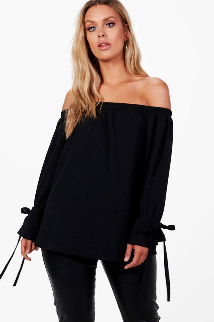 Boohoo Plus Lauren Off The Shoulder Crepe Tie Sleeve Top Black