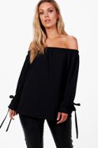 Boohoo Plus Lauren Off The Shoulder Crepe Tie Sleeve Top Black