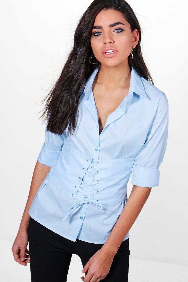 Boohoo Carly Corset Tailored Shirt Blue