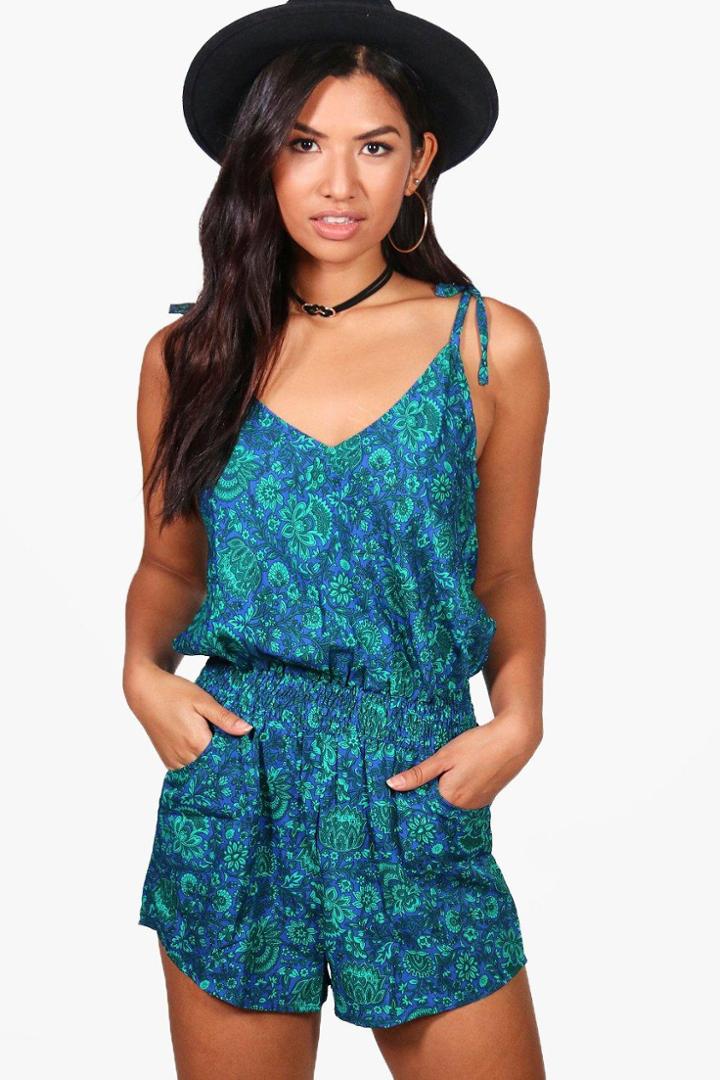 Boohoo Naomi Tie Strap Printed Playsuit Multi