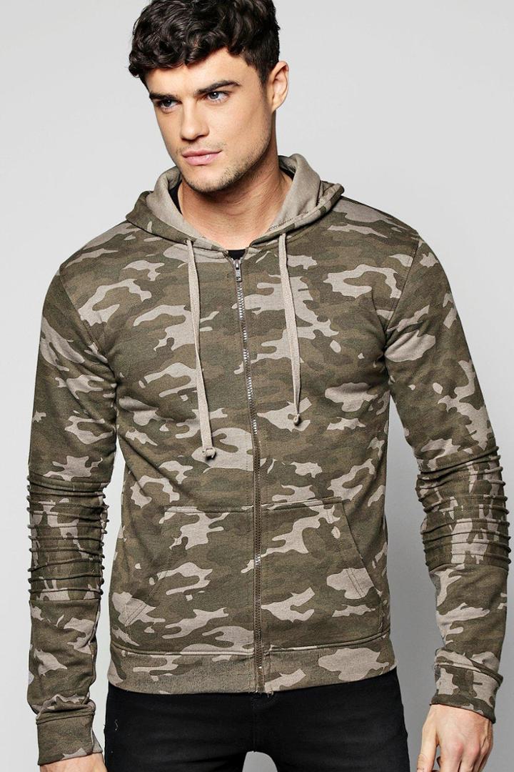 Boohoo Camo Biker Zip Through Hoodie Khaki
