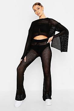 Boohoo Crochet Cropped Top & Flare Trouser Set