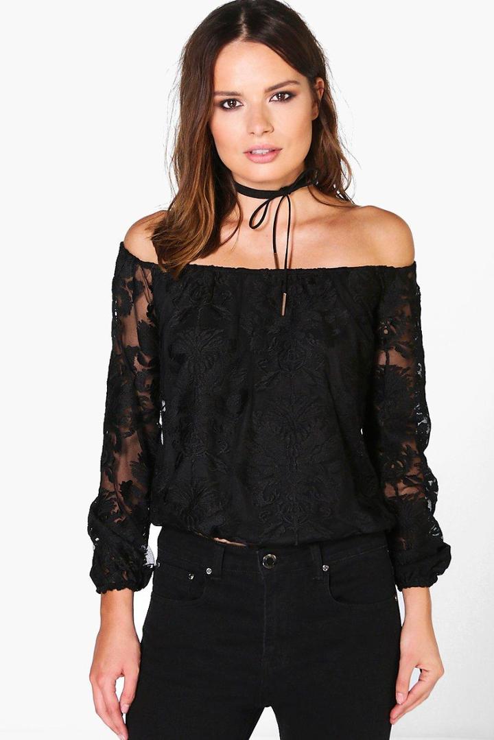 Boohoo Inga All Over Lace Bardot Top Black
