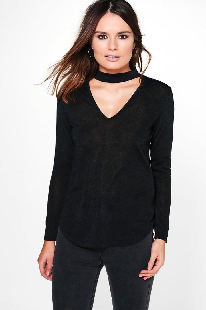 Boohoo Frances Melange Choker Knitted Top Black