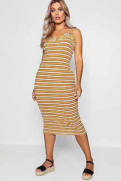Boohoo Plus Ribbed Frill Strappy Midi Sun Dress