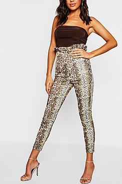 Boohoo High Waisted Snake Print Paperbag Skinny Trouser