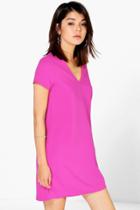 Boohoo Honey Crepe V Neck Cap Sleeve Shift Dress Pink