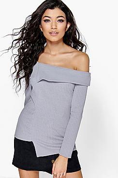 Boohoo Laura Off The Shoulder Rib Knit Asymmetric Jumper