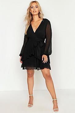 Boohoo Plus Ruffle Hem Dobby Mesh Skater Dress