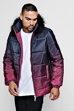Boohoo Ombre Faux Fur Trim Hood Puffer
