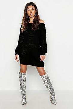Boohoo Waffle Knit Off The Shoulder Dress