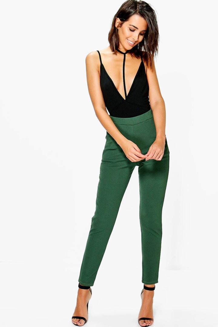 Boohoo Eva Crepe Stretch Skinny Trousers Khaki