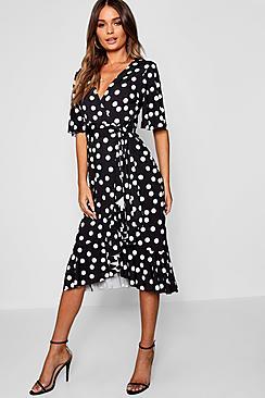 Boohoo Polka Dot Ruffle Wrap Skater Dress