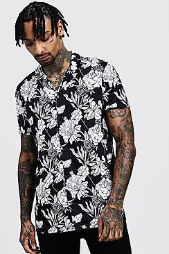 Boohoo Mono Floral Print Short Sleeve Revere Shirt