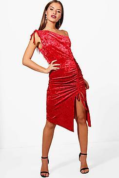 Boohoo Petite Hana One Shoulder Ruched Velvet Dress