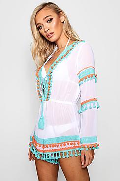 Boohoo Chelsea Pom Pom Tassel Beach Playsuit