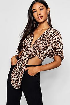 Boohoo Leopard Tie Front Crop Top
