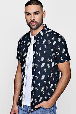 Boohoo Short Sleeve Skull And Palm Print Shirt