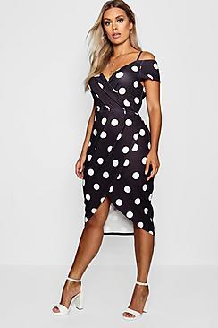 Boohoo Plus Polka Dot Open Shoulder Wrap Bodycon Dress