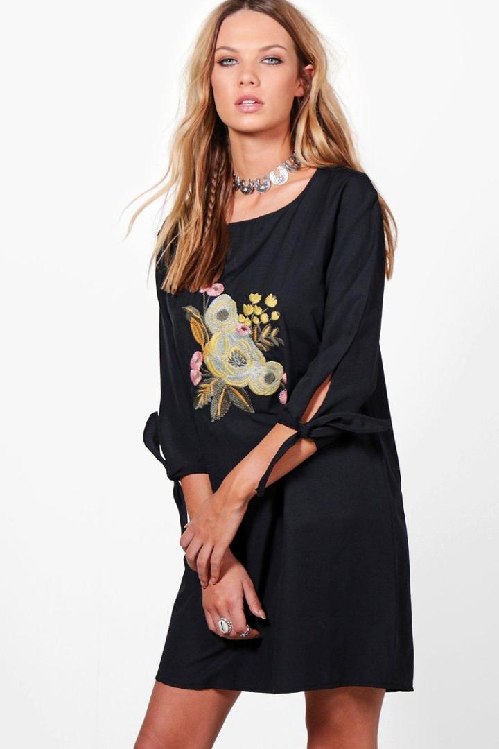 Boohoo Gail Embroidery Tie Sleeve Shift Dress Black