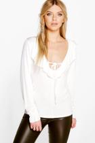 Boohoo Mandy Tie Front Frill Long Sleeve Top Cream