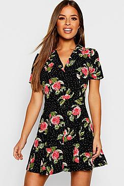 Boohoo Petite Floral Button Front Tea Dress