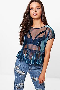 Boohoo Lorna Metallic Ruffle Peplum Mesh Tee