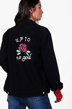 Boohoo Jodie Oversize Up To No Good Slogan Denim Jacket
