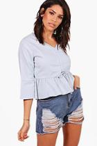 Boohoo Lillie Tie Front Ruffle Hem Cropped Chambray Top