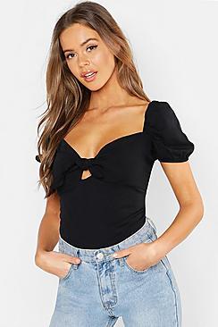 Boohoo Woven Viscose Puff Sleeve Tie Front Top