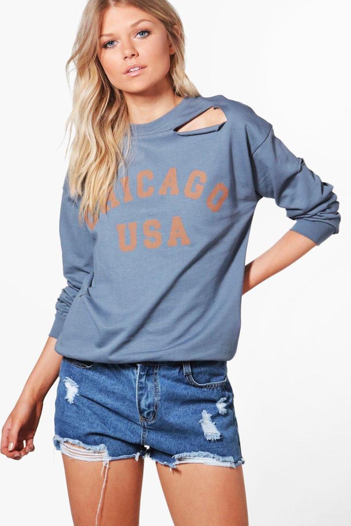 Boohoo Petite Maisie Distressed Oversized Slogan Sweat Blue