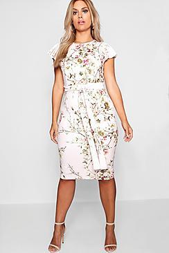 Boohoo Plus Floral Belted Midi Dress