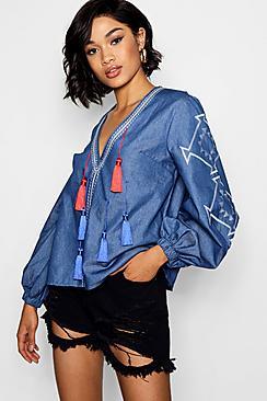 Boohoo Annie Pom Pom Trim Embroidered Chambray Top