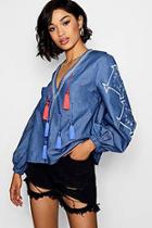 Boohoo Annie Pom Pom Trim Embroidered Chambray Top