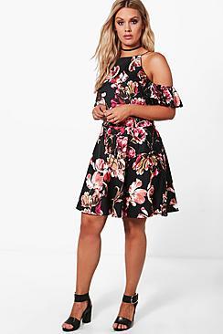 Boohoo Plus Alice Floral Open Shoulder Skater Dress