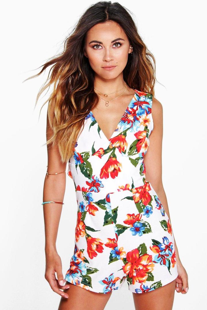 Boohoo Amy Floral Cross Back Playsuit Multi