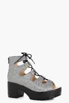 Boohoo Bethany Shimmer Lace Up Cleated Sandals Silver