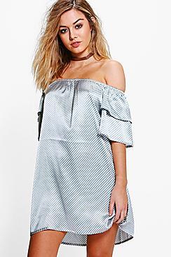 Boohoo Petite Sasha Stripe Satin Ruffle Shift Dress