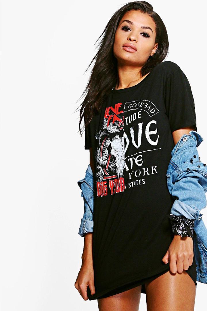 Boohoo Elle Spliced Printed Slash Back T-shirt Dress Black